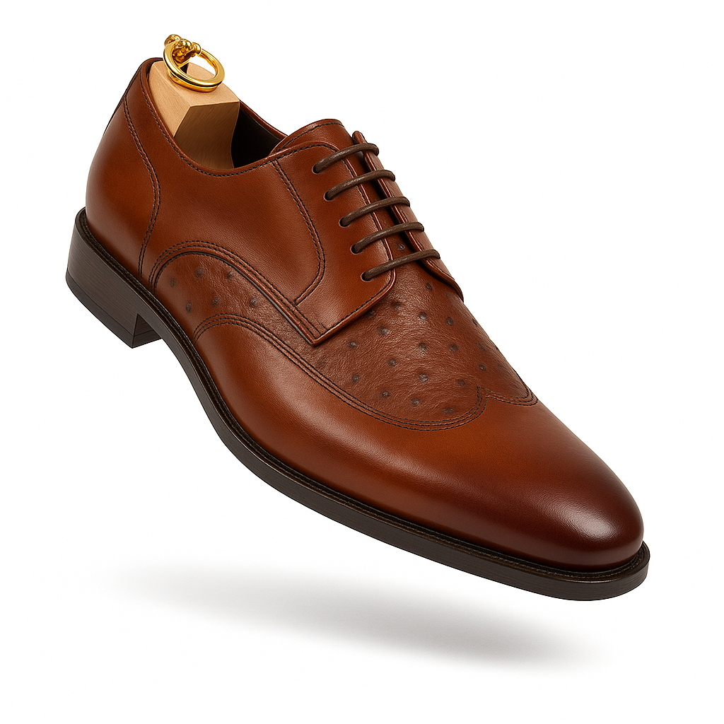 Mens Carrucci Ostrich Embossed Leather Wingtip Dress Shoe in Oxblood