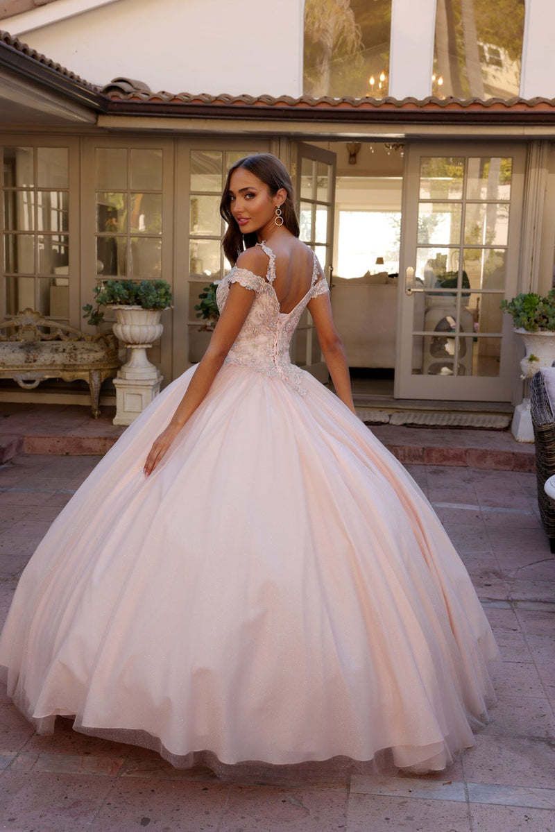 Juliet 1430 Cold Shoulder Embroidered Tulle Quinceanera Dress with Corset Back
