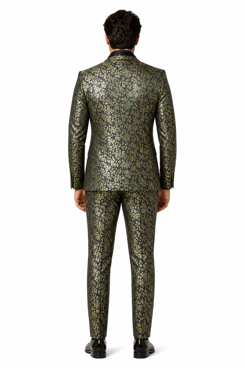 Emerald Green and Gold Floral Tuxedo Suit for Men Perfect Prom or Wedding Suit