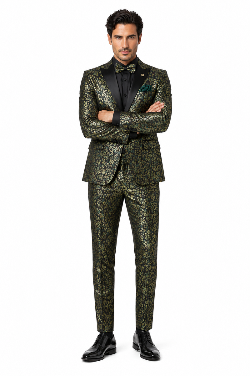 Emerald Green and Gold Floral Tuxedo Suit for Men Perfect Prom or Wedding Suit