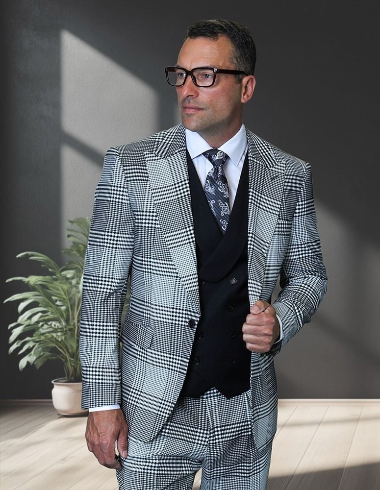 Statement Men’s 3-Piece Plaid Wool Suit – 100% Wool Modern Fit with Peak Lapel