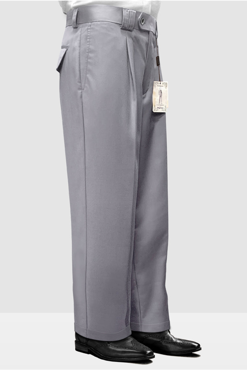 Light grey Italian wool wide-leg men's dress pants. Loose fit, straight cut, soft texture. Features: waistband, belt loops, single button, front pleats, side pockets. Clean silhouette, worn above black dress shoes.