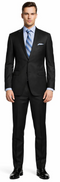 Enzo 150 S super wool suit in solid black. Two-button design, tailored fit, and smooth texture. Includes matching black trousers for a structured look.