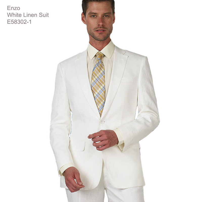 Classic white linen suit. Tailored fit, single-breasted jacket with notch lapels. Lightweight linen fabric. Includes breast and front pockets, matching trousers. Smooth, pattern-free design.
