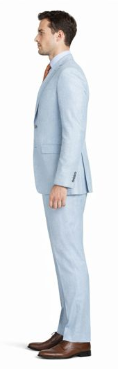 Light blue linen suit with a tailored fit. Single-breasted jacket, straight-cut trousers. Smooth texture, minimal detailing for a refined look.