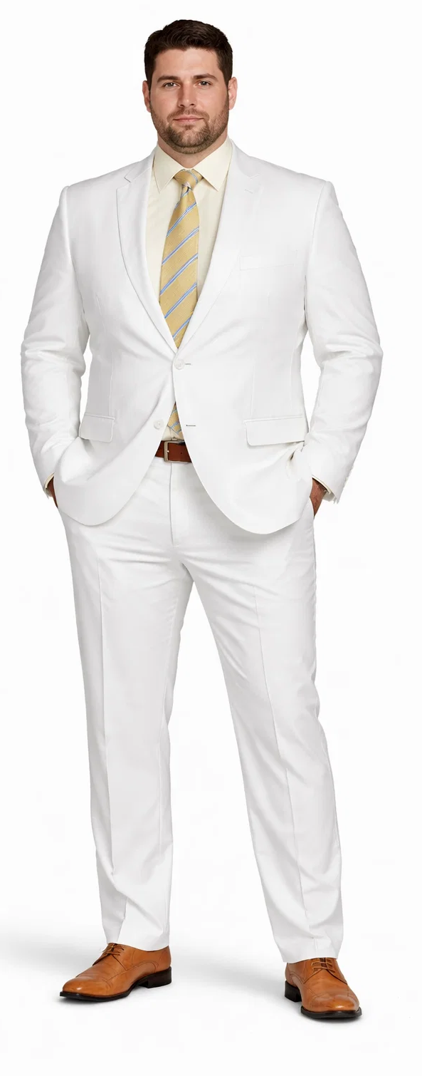 Enzo white khaki suit: Double-breasted jacket with structured collar and pockets, plus flat-front trousers. White, smooth linen fabric. Lightweight and tailored.