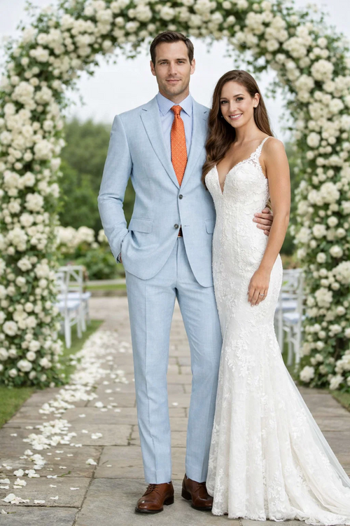 Light blue, slim-fit suit. Two-button closure, notch lapels, long sleeves. Tapered trousers. Lightweight fabric, ideal for warmer weather.