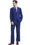Men's Stacy Adams suit: Blue windowpane plaid, smooth fabric. Peak lapel jacket, single-button closure, straight-leg pants. Matching vest creates a coordinated, three-piece ensemble.