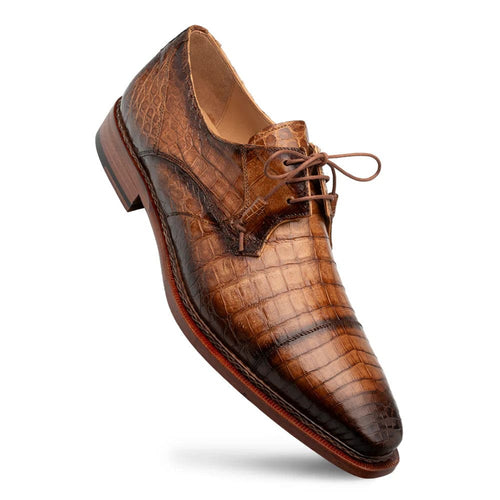 Mezlan's Giovane Camel derby: genuine crocodile, pointed toe, sleek silhouette. Brown, textured leather upper with matching laces. Leather sole. Superior craftsmanship.
