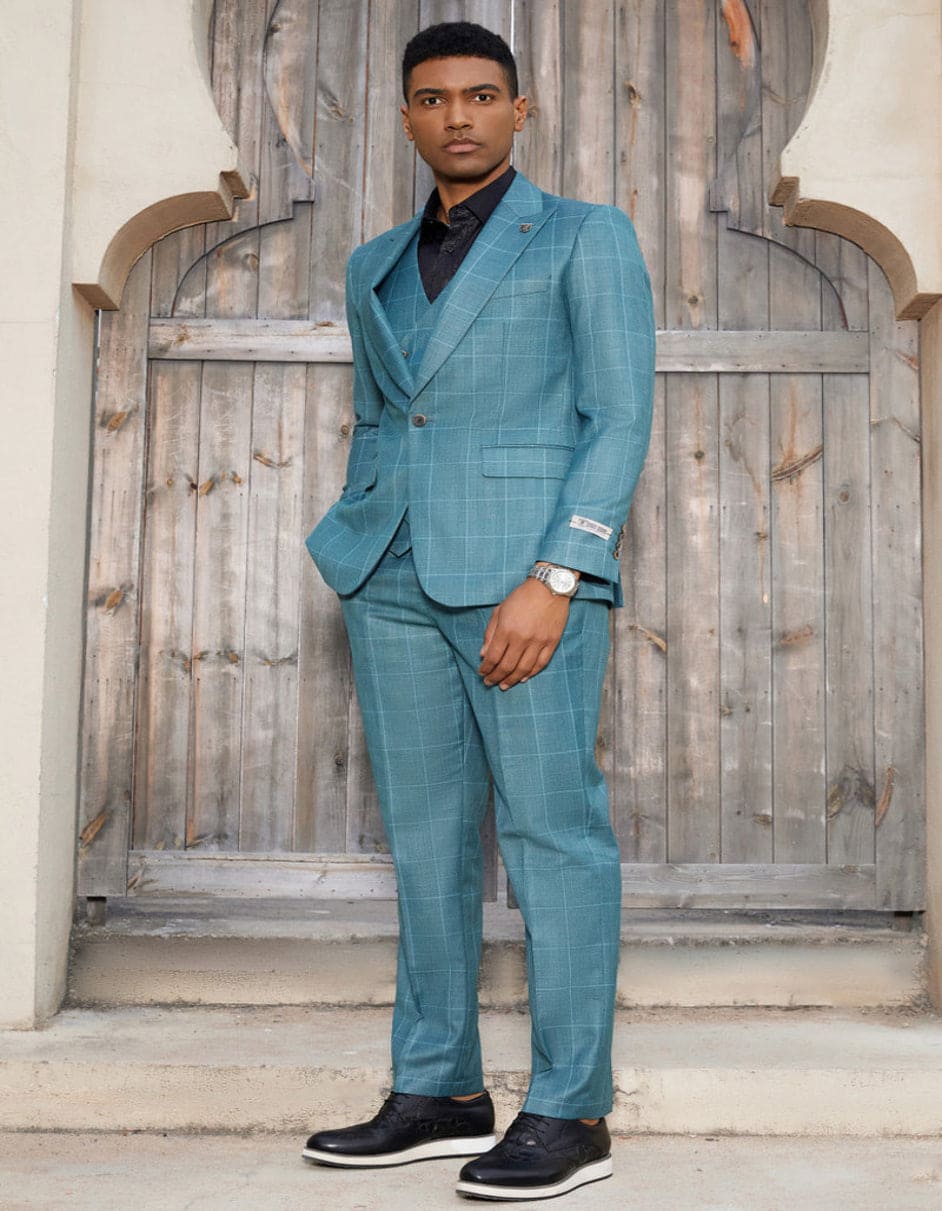 "Mens Stacy Adams Suit - Stacy Adams Suit Men's Teal Windowpane Suit - One Button Peak Lapel with Double Breasted Vest" Teal and Turquoise Prom Suits