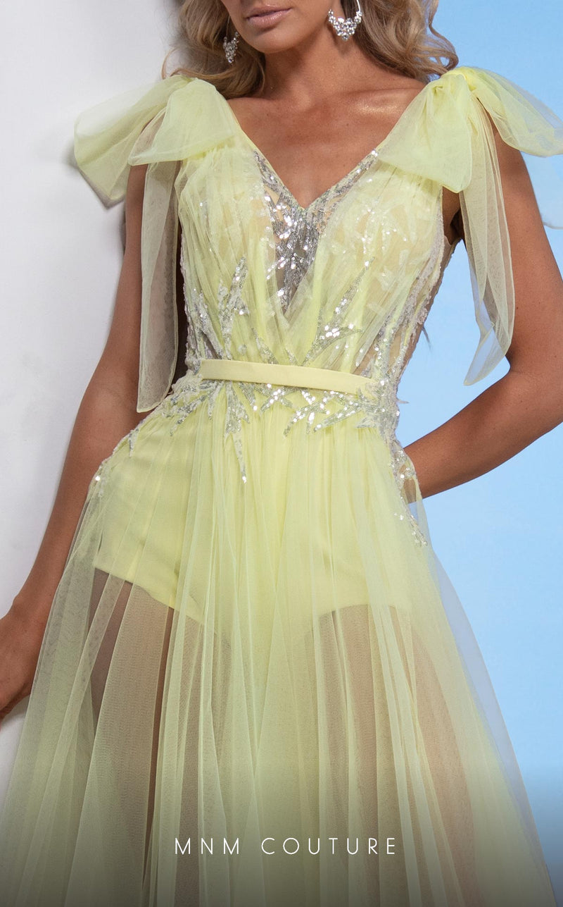 MNM Couture M0080 Draped V-Neck Sheer A-Line Gown in Yellow