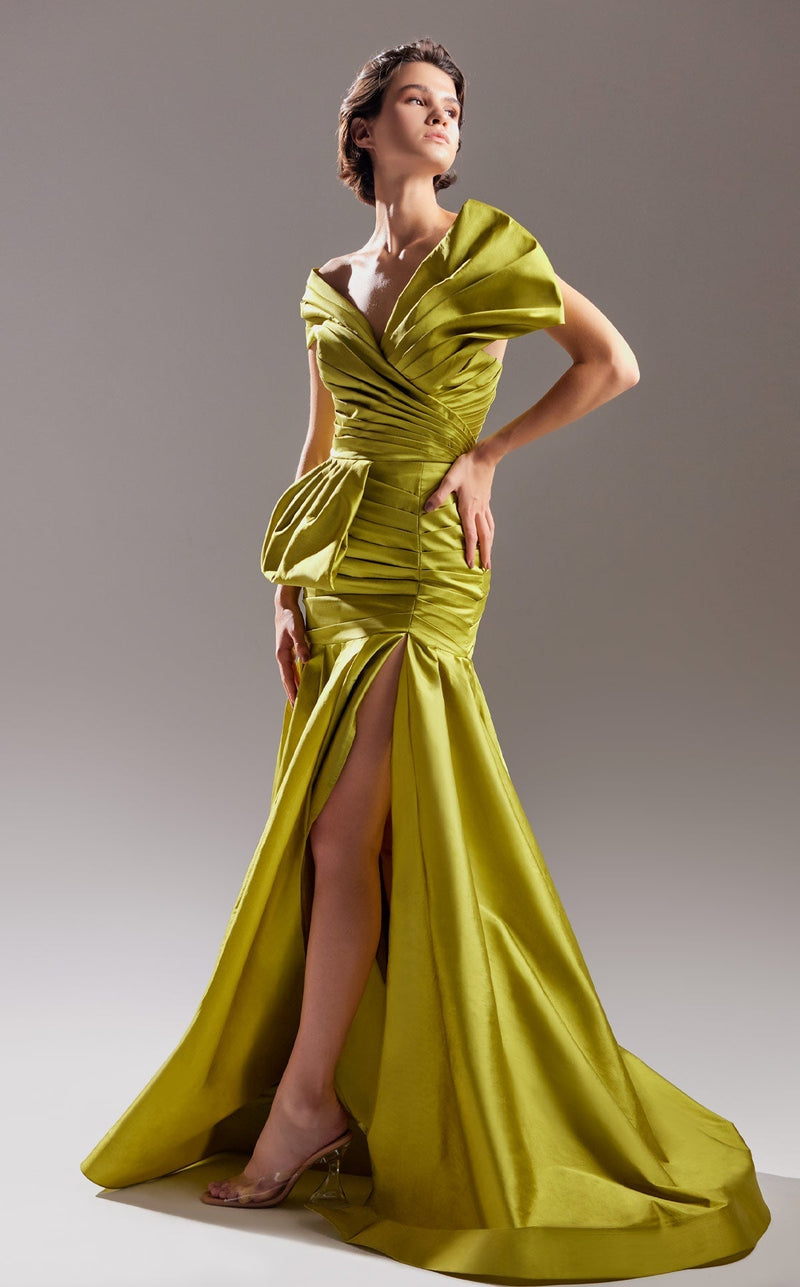 Gaby Charbachy G1542 One-Shoulder Ruched Olive Evening Gown by MNM Couture