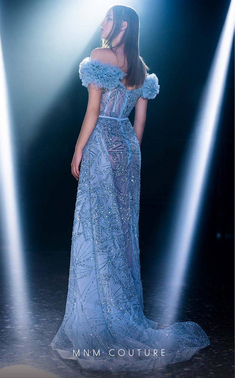 MNM Couture K3963 Blue Off-Shoulder Floral Sleeve Gown