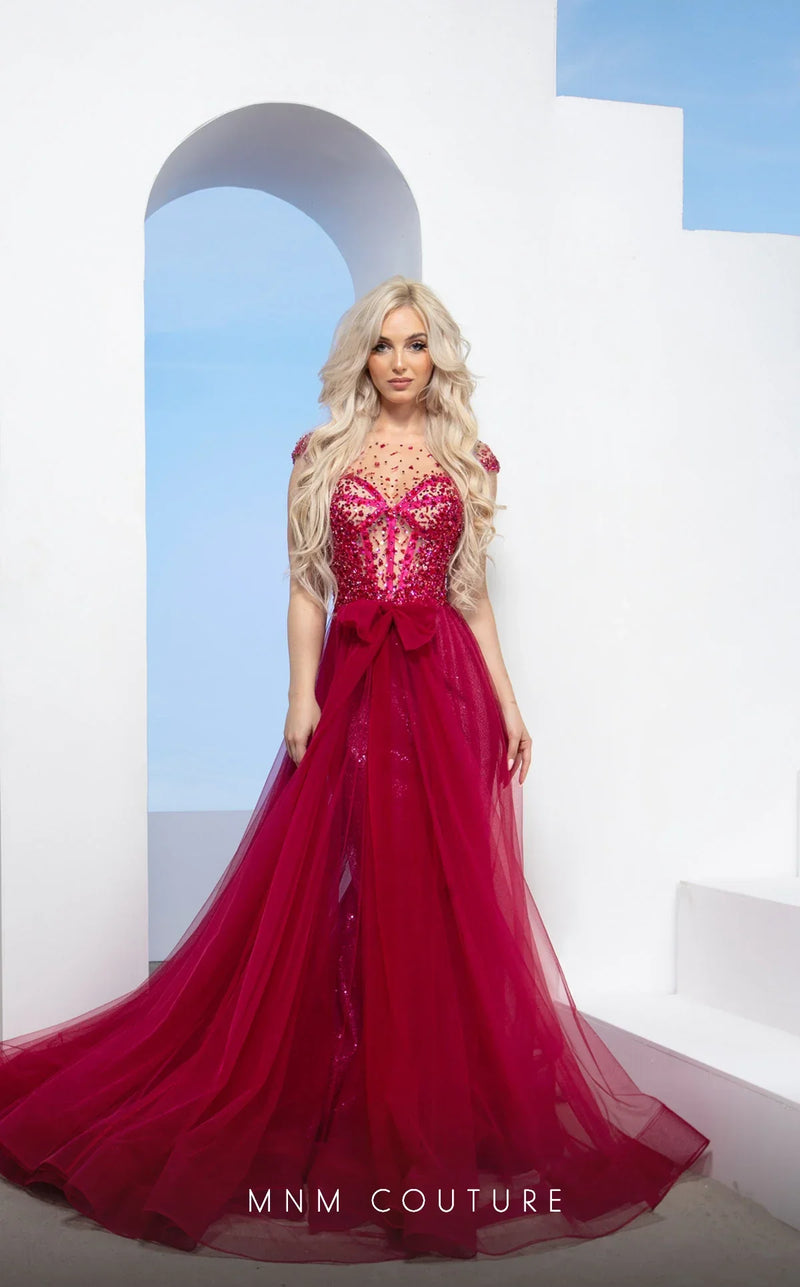 MNM Couture M0083 Burgundy Beaded Corset Mermaid Gown