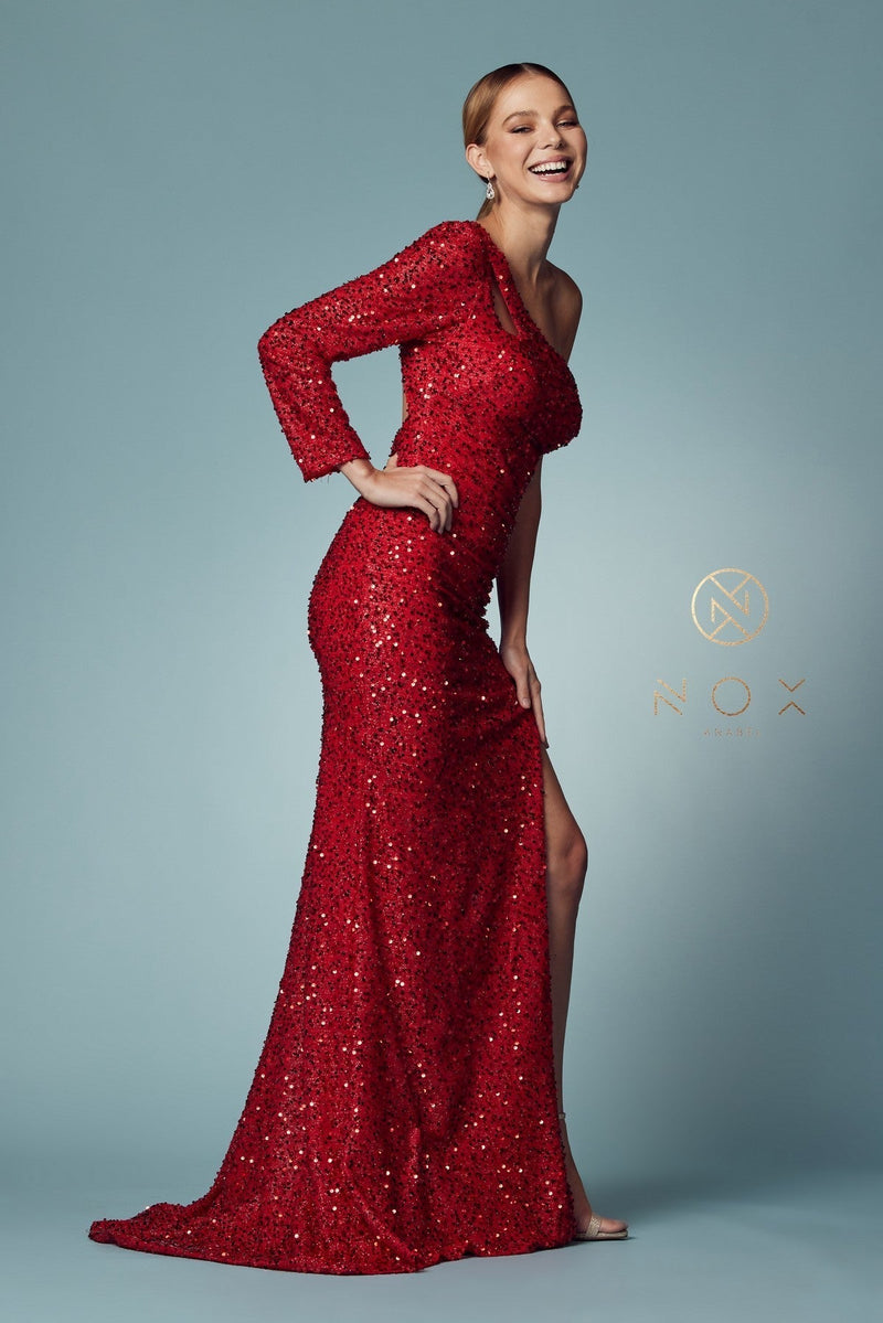 One Shoulder Sequin Evening Gown with Cutout Back & High Slit Long Dress by Nox Anabel S1013