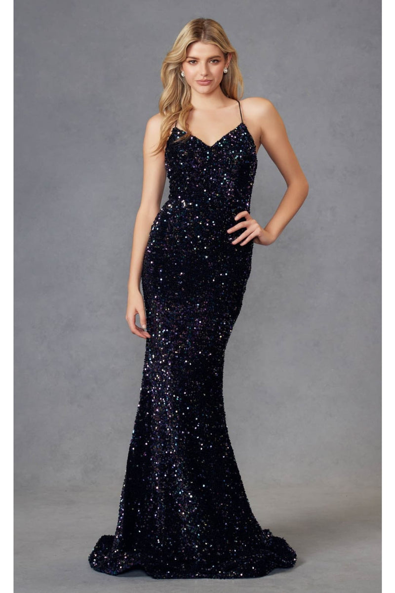 Fitted Sleeveless Long Sequin Velvet Dress by Juliet 2406