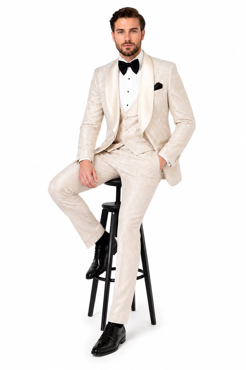 Men One Button Floral All Champagne Tuxedo – 3 Piece