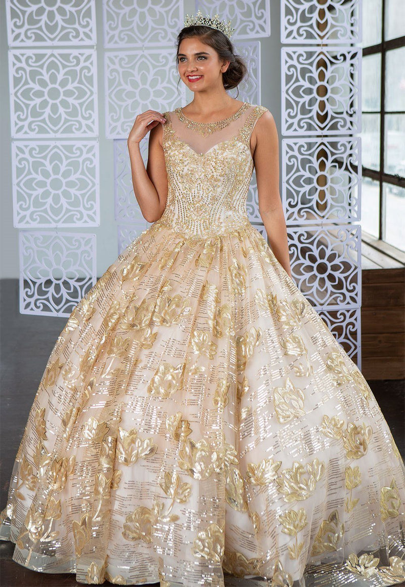 Champagne and Gold Quinceanera Dress Floral Sequin Illusion Ball Gown by Calla KY-77239