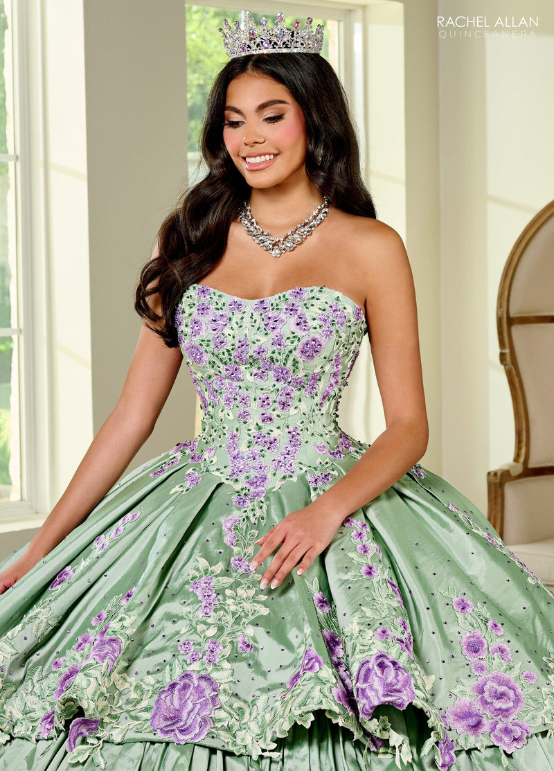 Floral QuinceaƱera Ball Gown with Embroidery Sleeves & Tiered Ruffle Skirt by Rachel Allan RQ5002