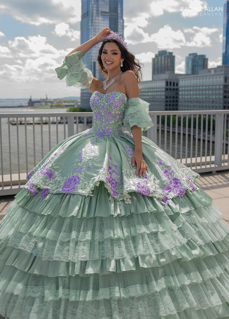 Floral QuinceaƱera Ball Gown with Embroidery Sleeves & Tiered Ruffle Skirt by Rachel Allan RQ5002