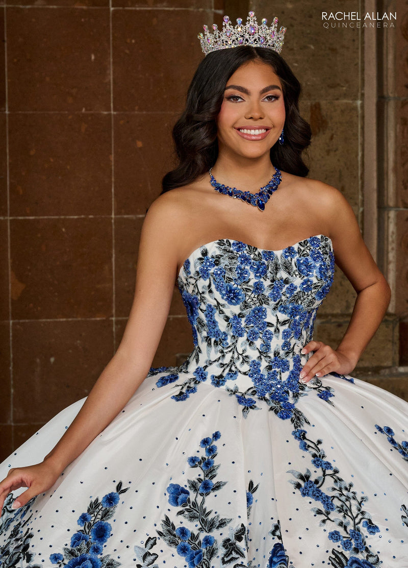 Floral QuinceaƱera Ball Gown with Embroidery Sleeves & Tiered Ruffle Skirt by Rachel Allan RQ5002