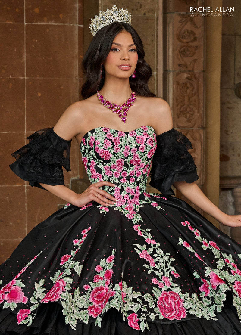 Floral QuinceaƱera Ball Gown with Embroidery Sleeves & Tiered Ruffle Skirt by Rachel Allan RQ5002