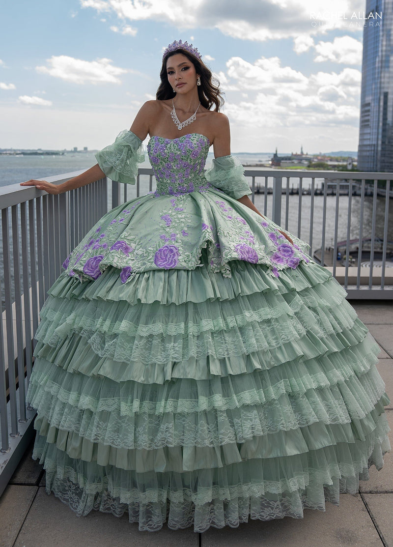 Floral QuinceaƱera Ball Gown with Embroidery Sleeves & Tiered Ruffle Skirt by Rachel Allan RQ5002