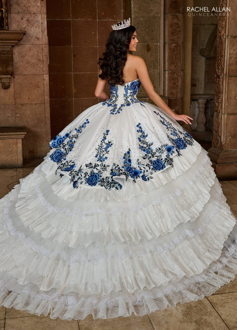 Floral QuinceaƱera Ball Gown with Embroidery Sleeves & Tiered Ruffle Skirt by Rachel Allan RQ5002