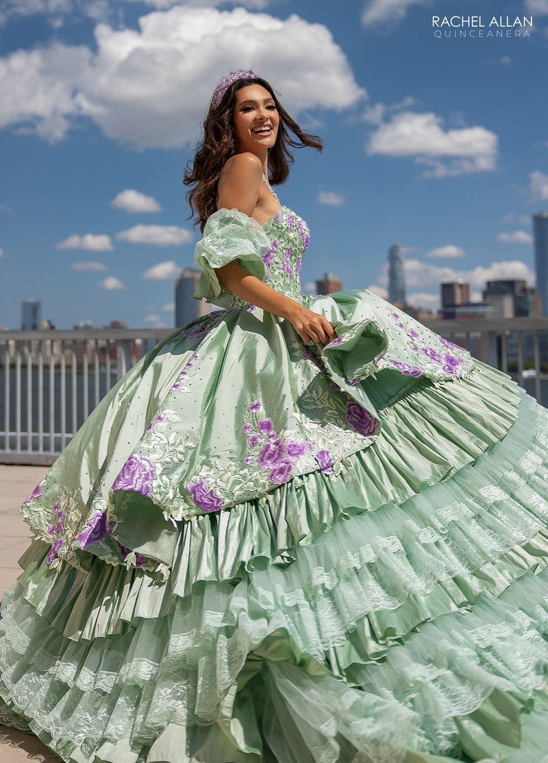 Floral QuinceaƱera Ball Gown with Embroidery Sleeves & Tiered Ruffle Skirt by Rachel Allan RQ5002