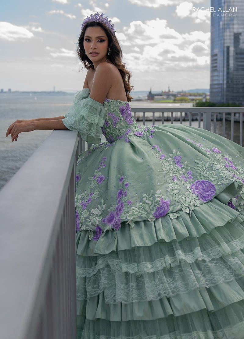Floral QuinceaƱera Ball Gown with Embroidery Sleeves & Tiered Ruffle Skirt by Rachel Allan RQ5002