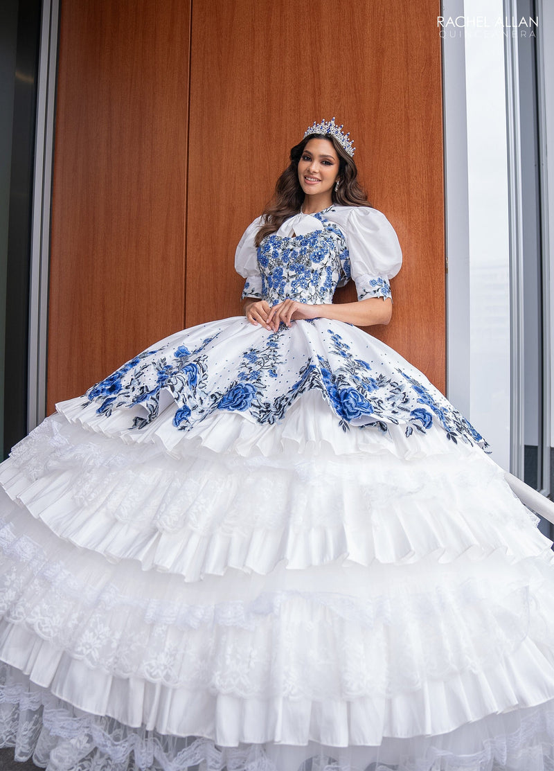 Floral QuinceaƱera Ball Gown with Embroidery Sleeves & Tiered Ruffle Skirt by Rachel Allan RQ5002