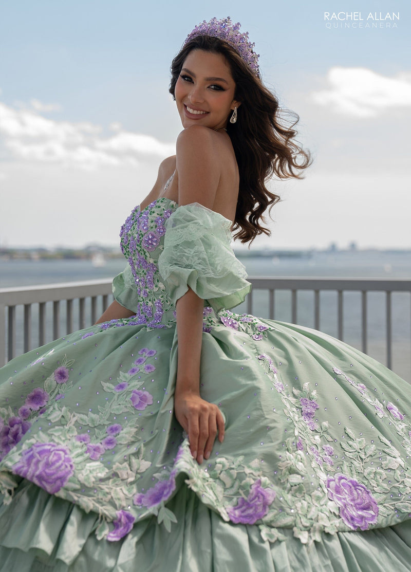 Floral QuinceaƱera Ball Gown with Embroidery Sleeves & Tiered Ruffle Skirt by Rachel Allan RQ5002