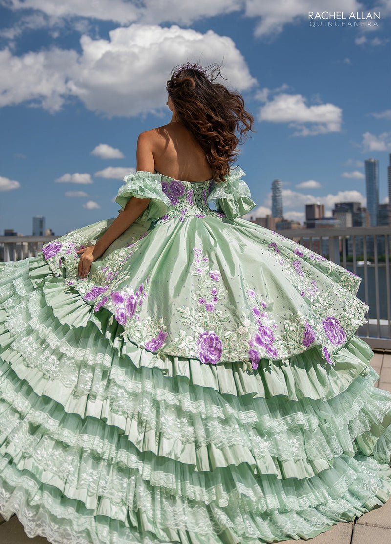 Floral QuinceaƱera Ball Gown with Embroidery Sleeves & Tiered Ruffle Skirt by Rachel Allan RQ5002