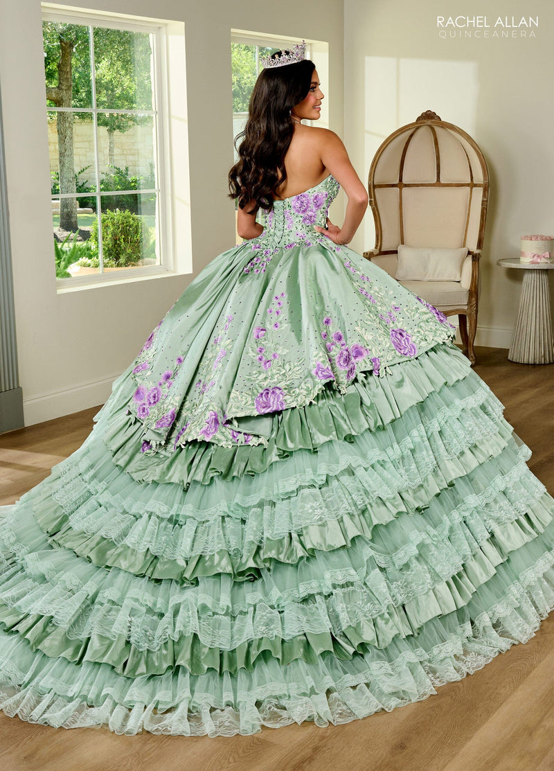 Floral QuinceaƱera Ball Gown with Embroidery Sleeves & Tiered Ruffle Skirt by Rachel Allan RQ5002
