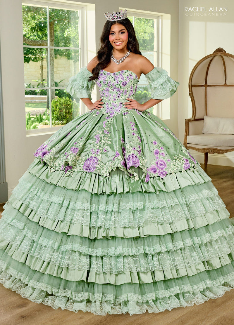 Floral QuinceaƱera Ball Gown with Embroidery Sleeves & Tiered Ruffle Skirt by Rachel Allan RQ5002