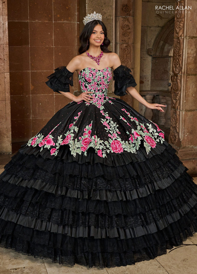 Floral QuinceaƱera Ball Gown with Embroidery Sleeves & Tiered Ruffle Skirt by Rachel Allan RQ5002