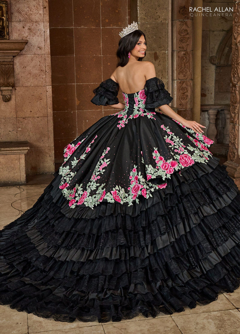 Floral QuinceaƱera Ball Gown with Embroidery Sleeves & Tiered Ruffle Skirt by Rachel Allan RQ5002