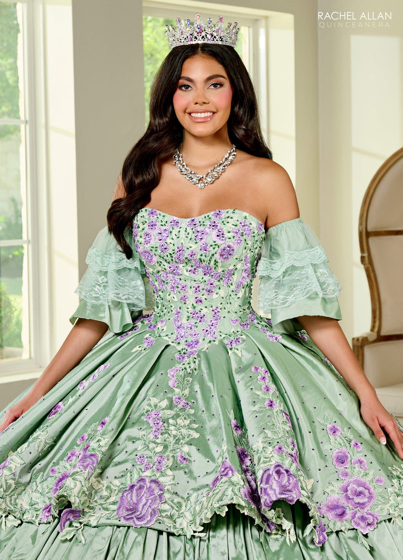 Floral QuinceaƱera Ball Gown with Embroidery Sleeves & Tiered Ruffle Skirt by Rachel Allan RQ5002