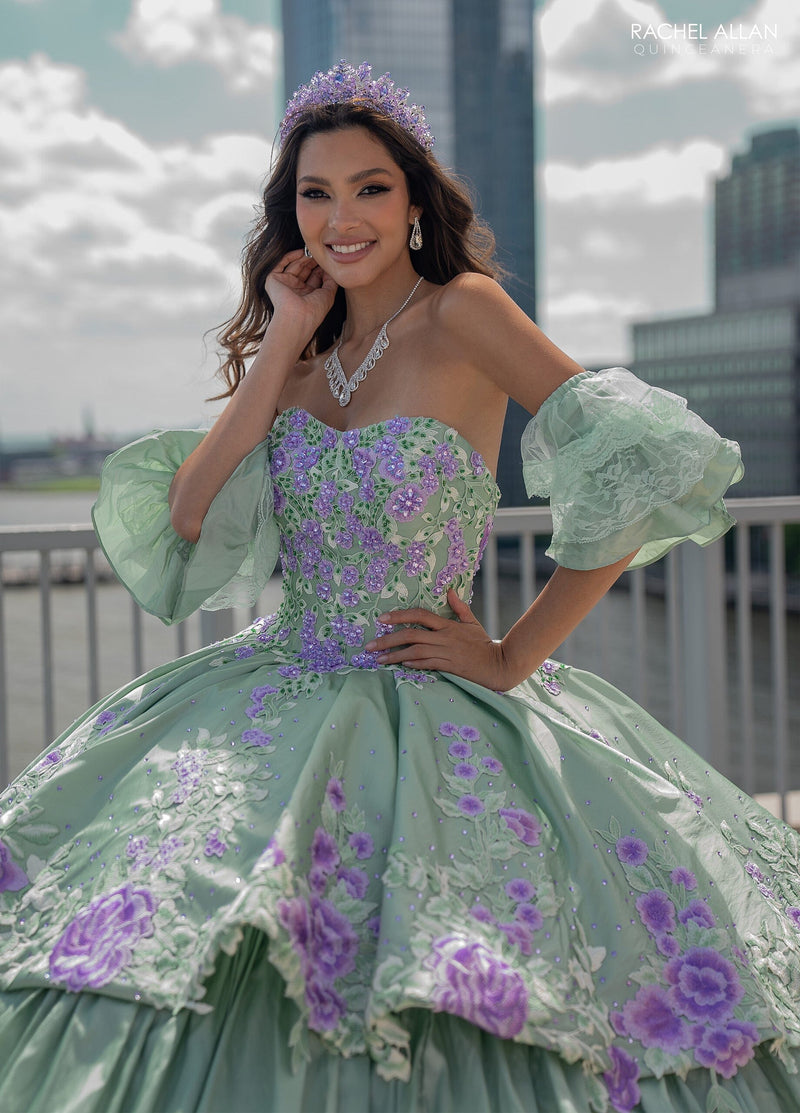 Floral QuinceaƱera Ball Gown with Embroidery Sleeves & Tiered Ruffle Skirt by Rachel Allan RQ5002