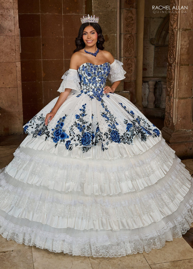 Floral QuinceaƱera Ball Gown with Embroidery Sleeves & Tiered Ruffle Skirt by Rachel Allan RQ5002