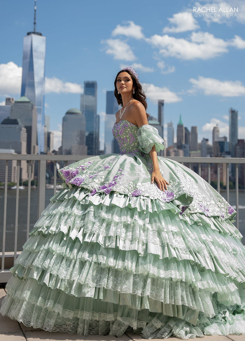 Floral QuinceaƱera Ball Gown with Embroidery Sleeves & Tiered Ruffle Skirt by Rachel Allan RQ5002