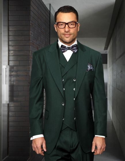 Men's urban suit in deep green, 100% wool. Features a single-button jacket and double-breasted vest. Pleated pants complete the look.