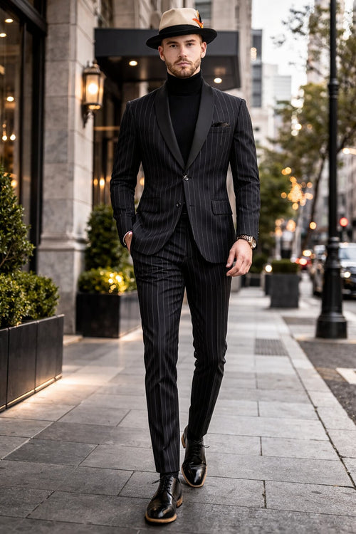 Suit And Turtleneck Combo - Turtleneck Prom Outfits - Prom Turtleneck Black Suit