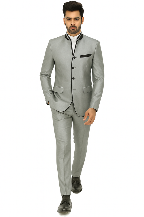 Mens 4 button Mandarin Tuxedo in Sharkskin Silver Grey with Black Trim