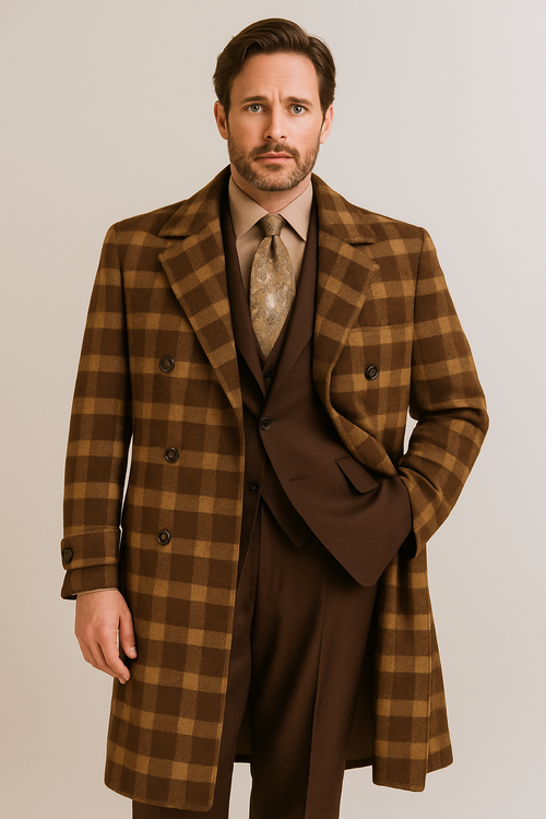 "Men's Double Breasted Wool Overcoat - Full Length, Belted, Brown Windowpane"