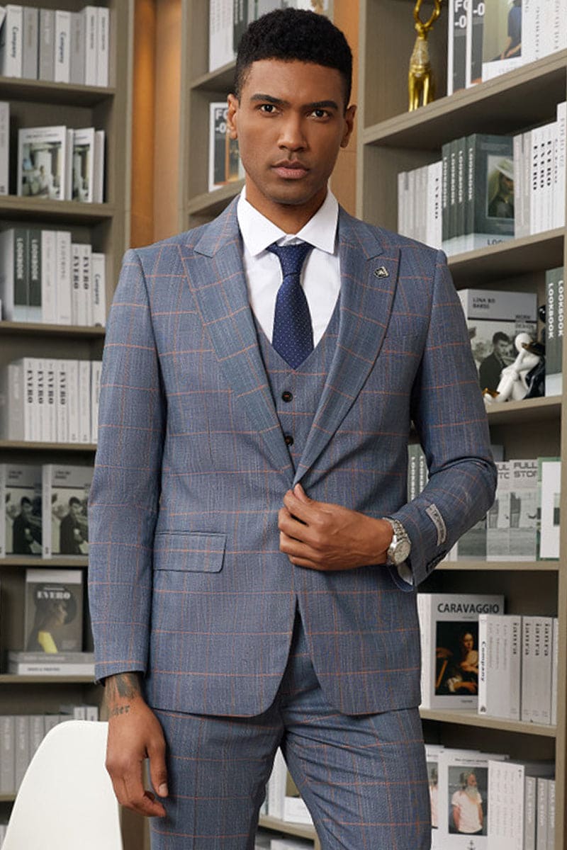 Men's Stacy Adams One Button Peak Lapel Vested Micro Check in Cognac Brown with a Navy Vest