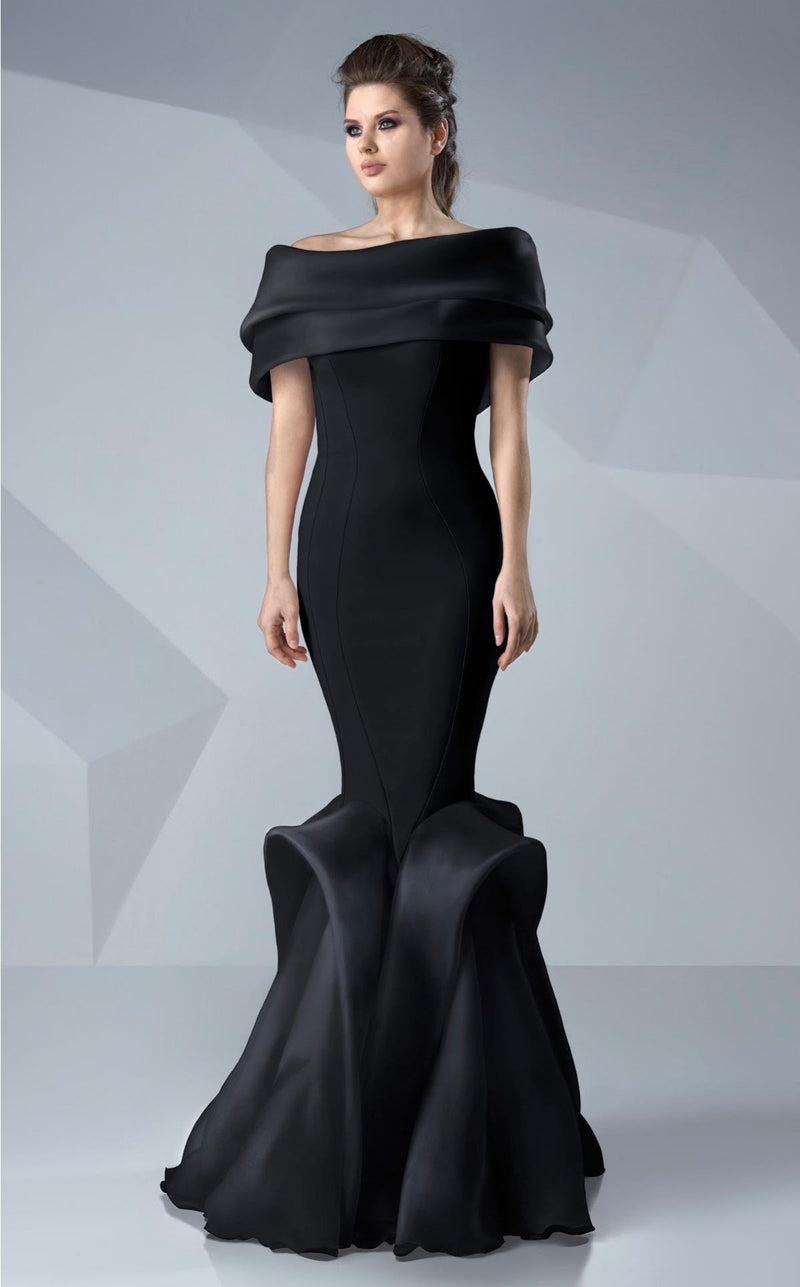 Gaby Charbachy G0620 Off-Shoulder Ruffled Evening Gown in Black by MNM Couture