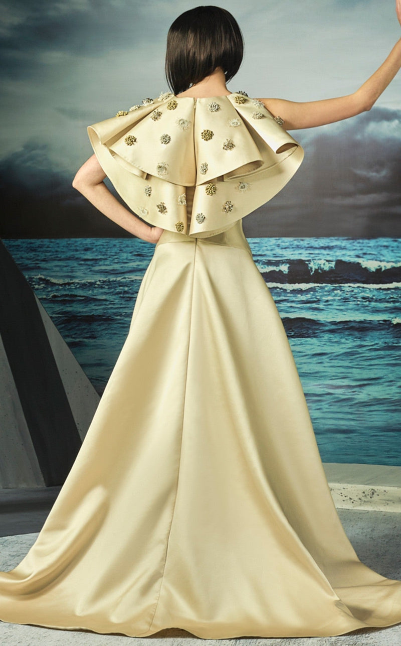 Gaby Charbachy G0825 Gold Beaded 3D Applique Evening Gown by MNM Couture