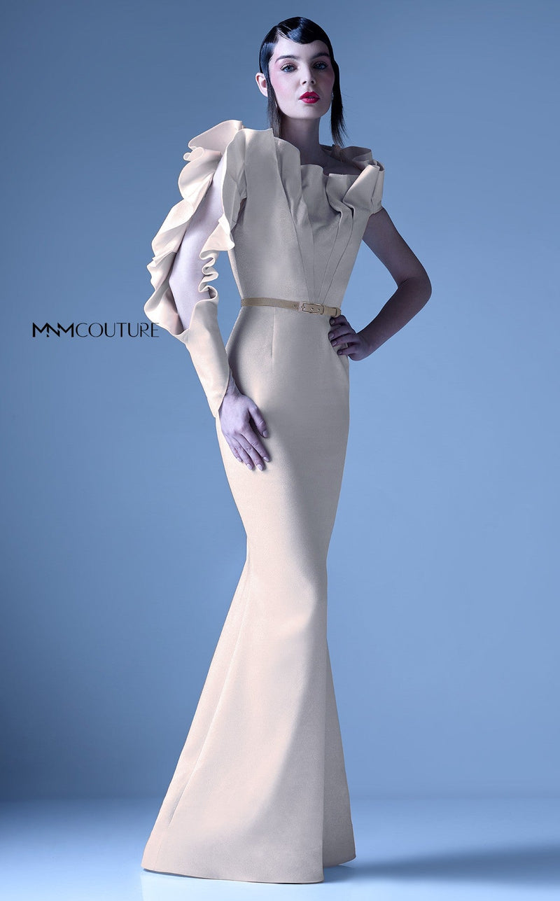 MNM Couture Gaby Charbachy G0934 Silver One-Sleeve Ruffle Evening Dress