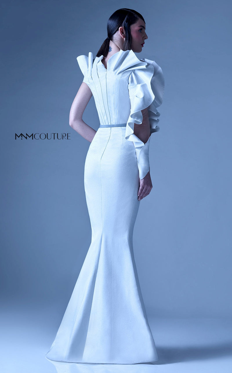 MNM Couture Gaby Charbachy G0934 Silver One-Sleeve Ruffle Evening Dress